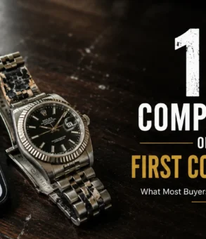 Luxury-style first copy wristwatch placed beside a smartphone displaying an online watch listing, with text highlighting 10 common complaints buyers experience after purchasing first copy watches.