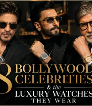 Collage featuring Bollywood celebrities wearing luxury watches, including Rolex, Patek Philippe, and Audemars Piguet timepieces, showcasing premium celebrity watch collections and luxury fashion accessories.