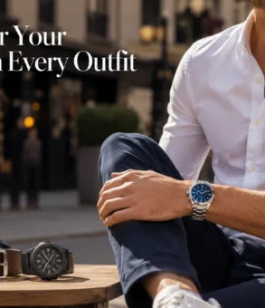 Luxury fashion banner featuring a man in a white shirt wearing a stainless steel wristwatch, with leather shoes, sunglasses, belt, and a sporty watch displayed on a wooden table against a modern city backdrop.