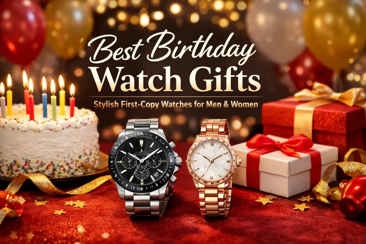 Stylish first copy watches for men and women displayed with birthday cake, candles, and gift boxes, perfect 7A first copy watches for birthday gifting online