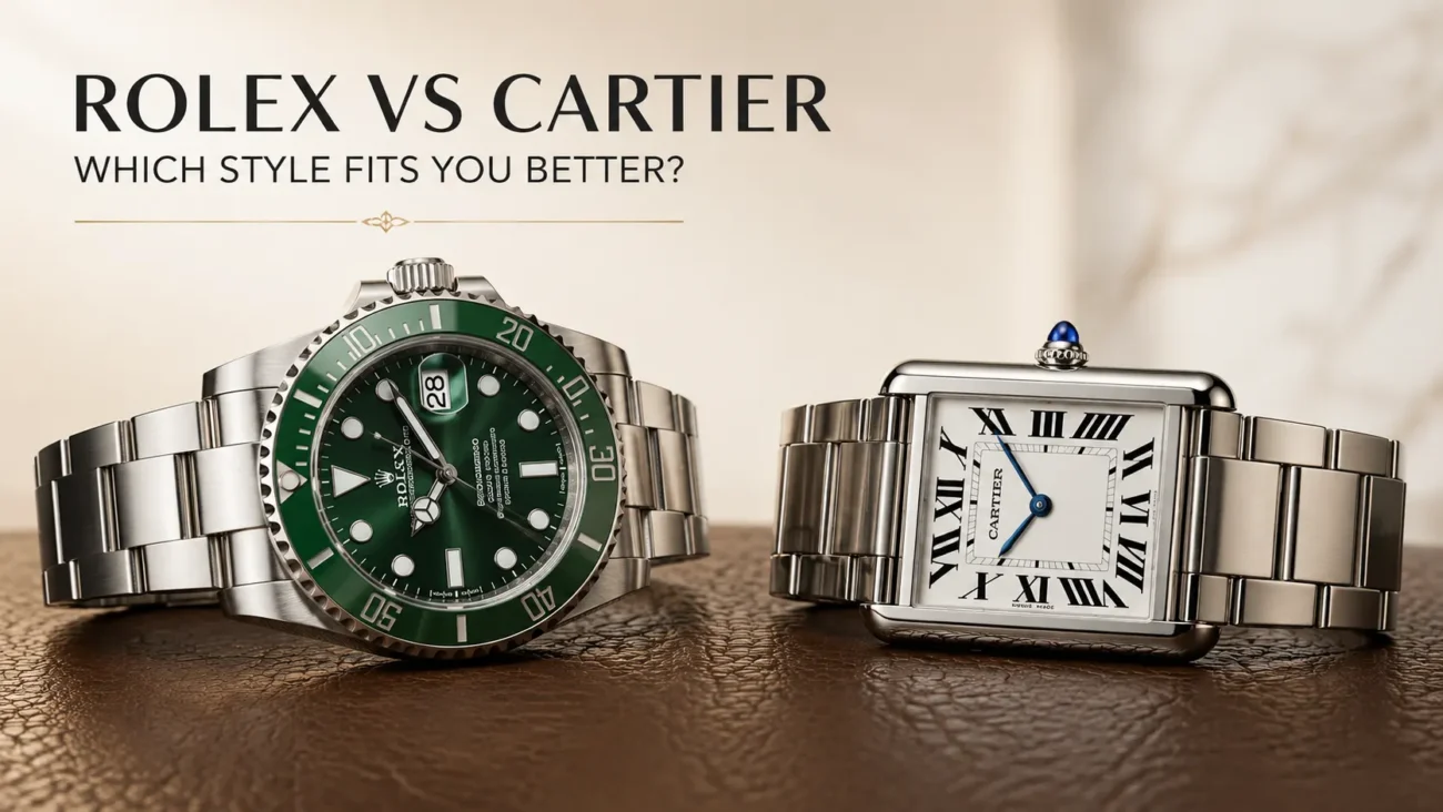 Rolex Submariner with green dial beside Cartier Tank watch with Roman numerals, comparing luxury watch styles, design, and elegance for modern watch enthusiasts.