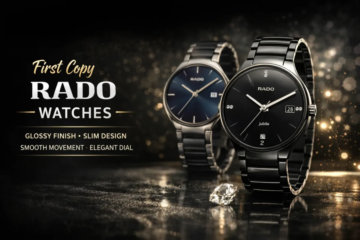Rado first copy watches with glossy black finish, slim design, elegant dial, and smooth movement displayed on a luxury background