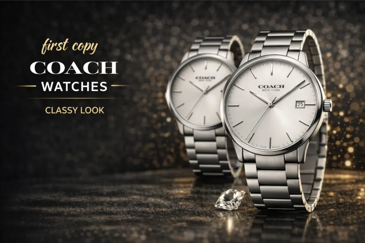 Elegant silver Coach first copy watches with minimalist dial and metal strap, showcasing classy gift-ready luxury style for men and women