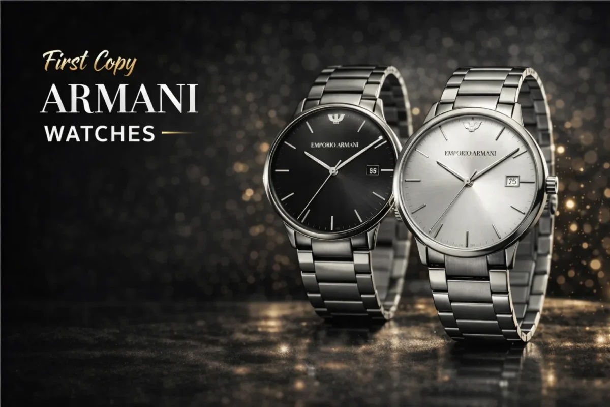 Two Omega-inspired premium first copy watches with stainless steel straps and black and blue dials displayed on a luxury golden background, highlighting sporty luxury design