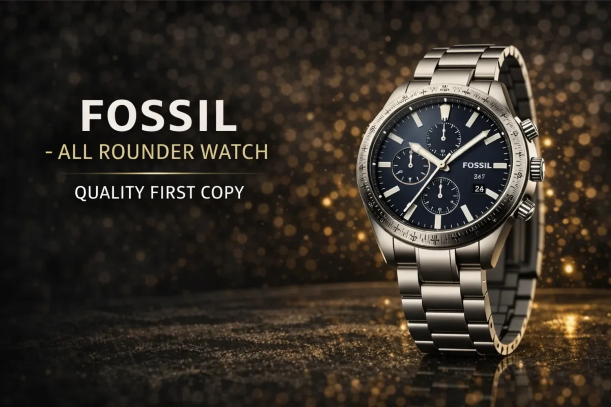 Premium first copy Fossil watch with stainless steel strap and blue chronograph dial, showcasing a smart casual, strong and stylish design against a luxury golden background.