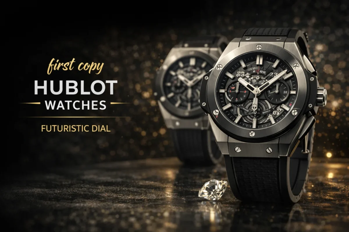 Hublot first copy watches online featuring a bold futuristic design with skeleton dial, black rubber strap, and luxury chronograph detailing on a dark premium background