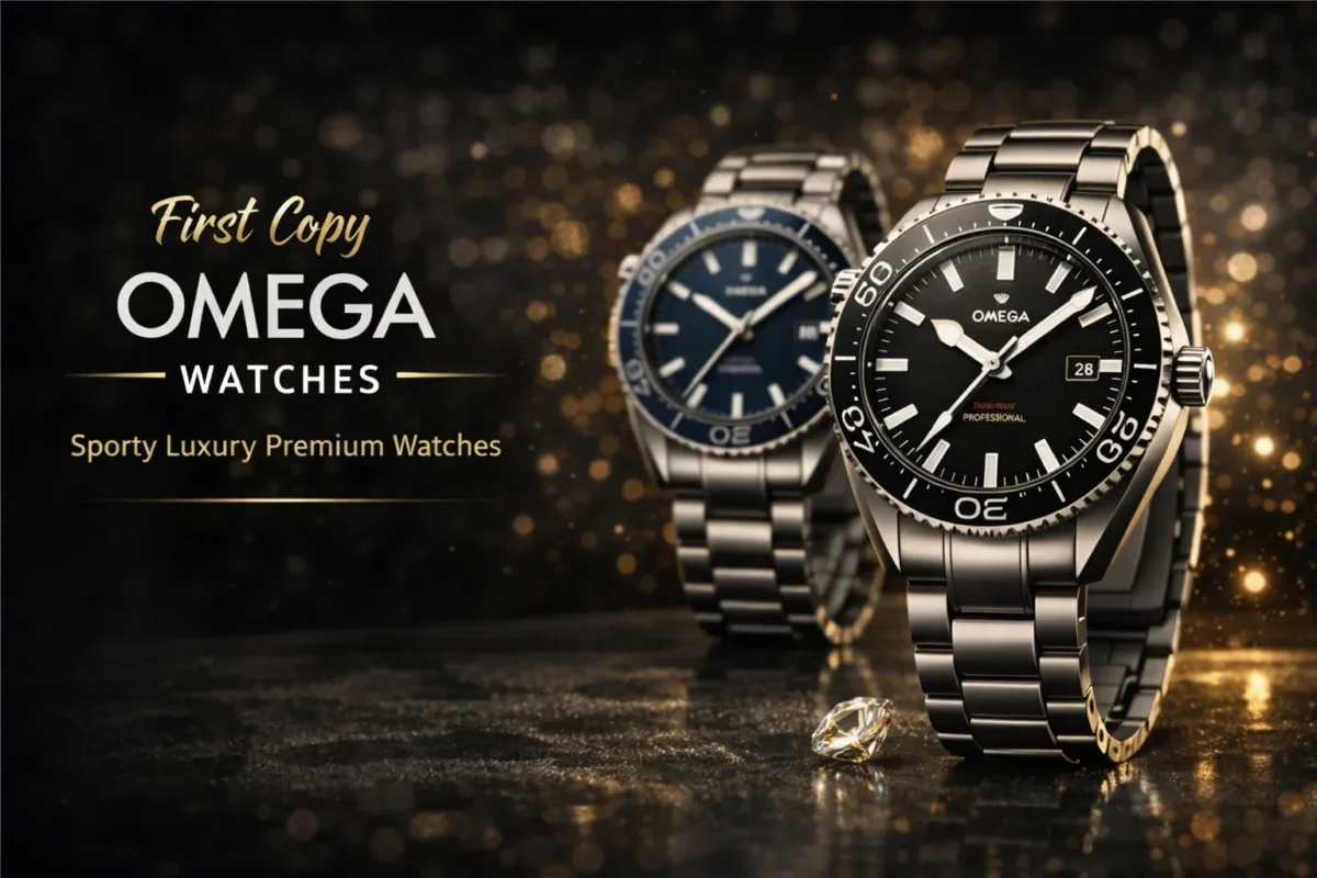 First copy Omega watches with stainless steel strap and black dial, sporty luxury premium wristwatches displayed with elegant golden background