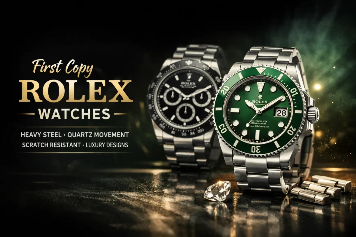 Rolex first copy watch with green dial and stainless steel strap showcasing premium luxury design and bold statement style
