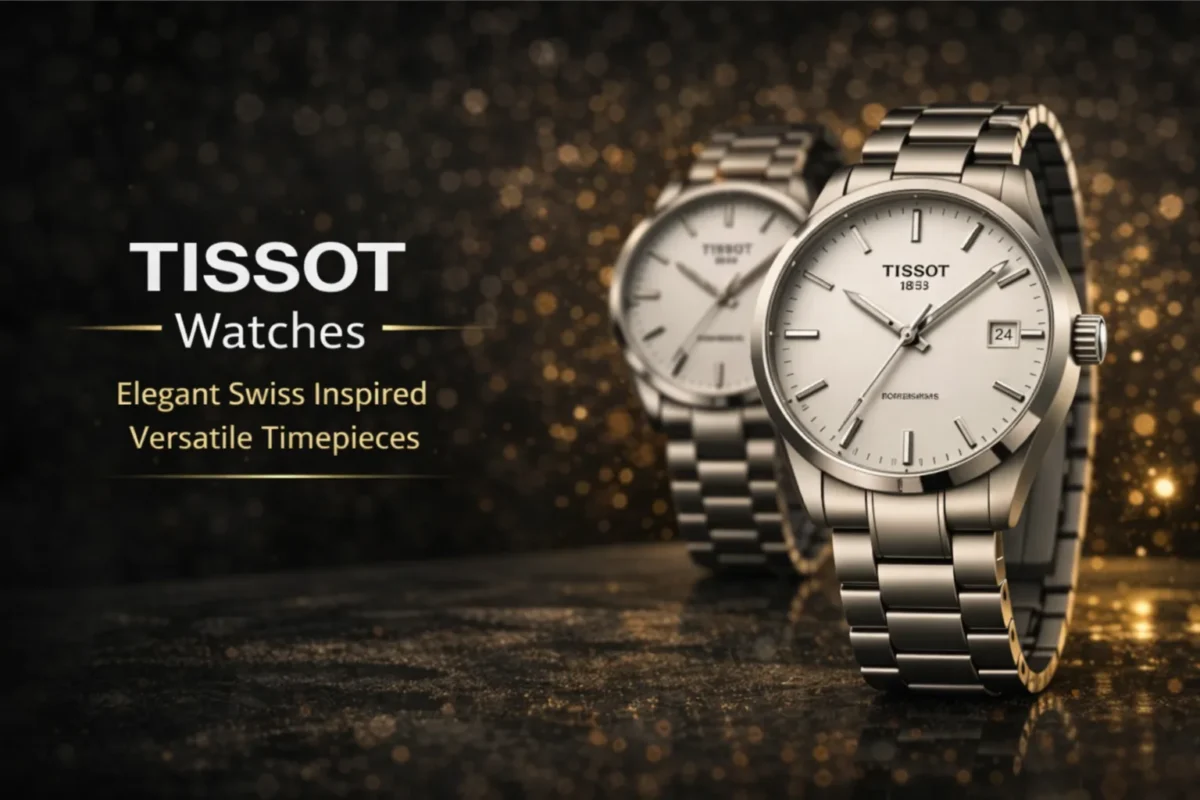 Swiss inspired Tissot first copy watches with stainless steel strap and minimalist dial design, showcasing elegant and versatile everyday wristwear on a luxury background