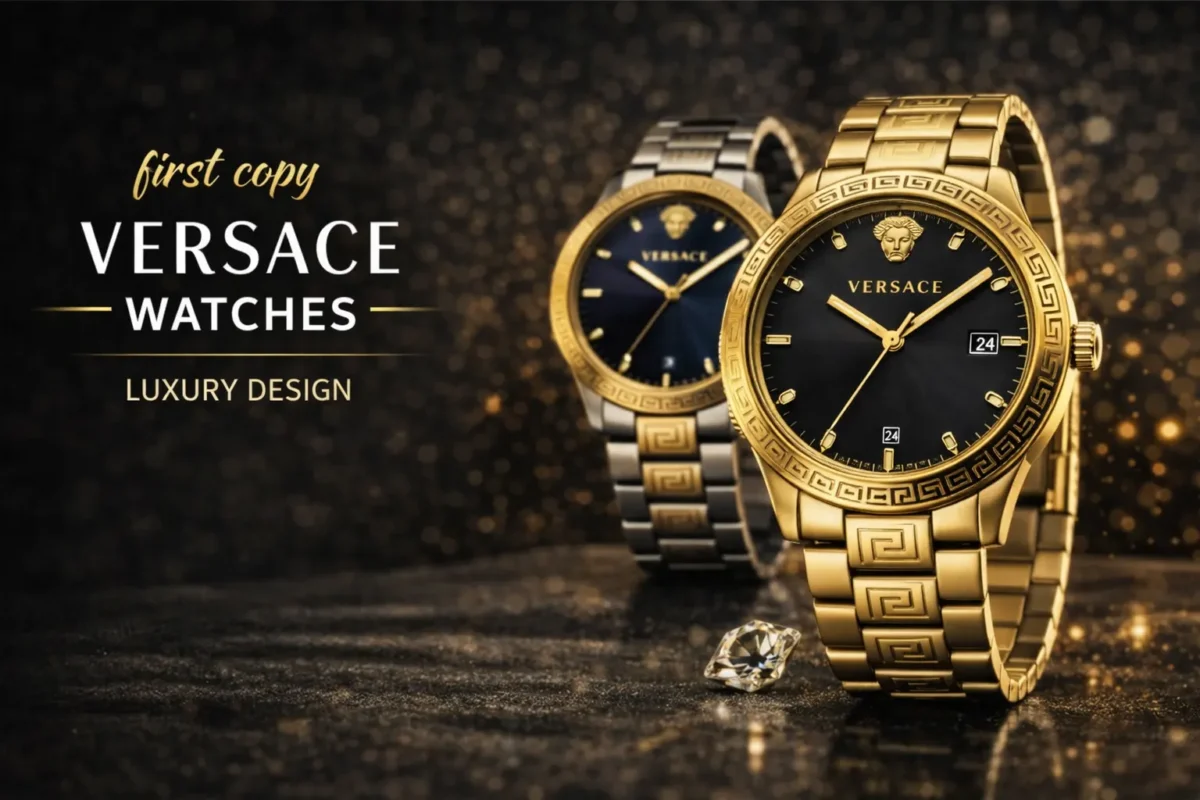 Gold and silver Versace first copy luxury watches with black dial and premium design placed on glitter background showcasing high-end style and craftsmanship