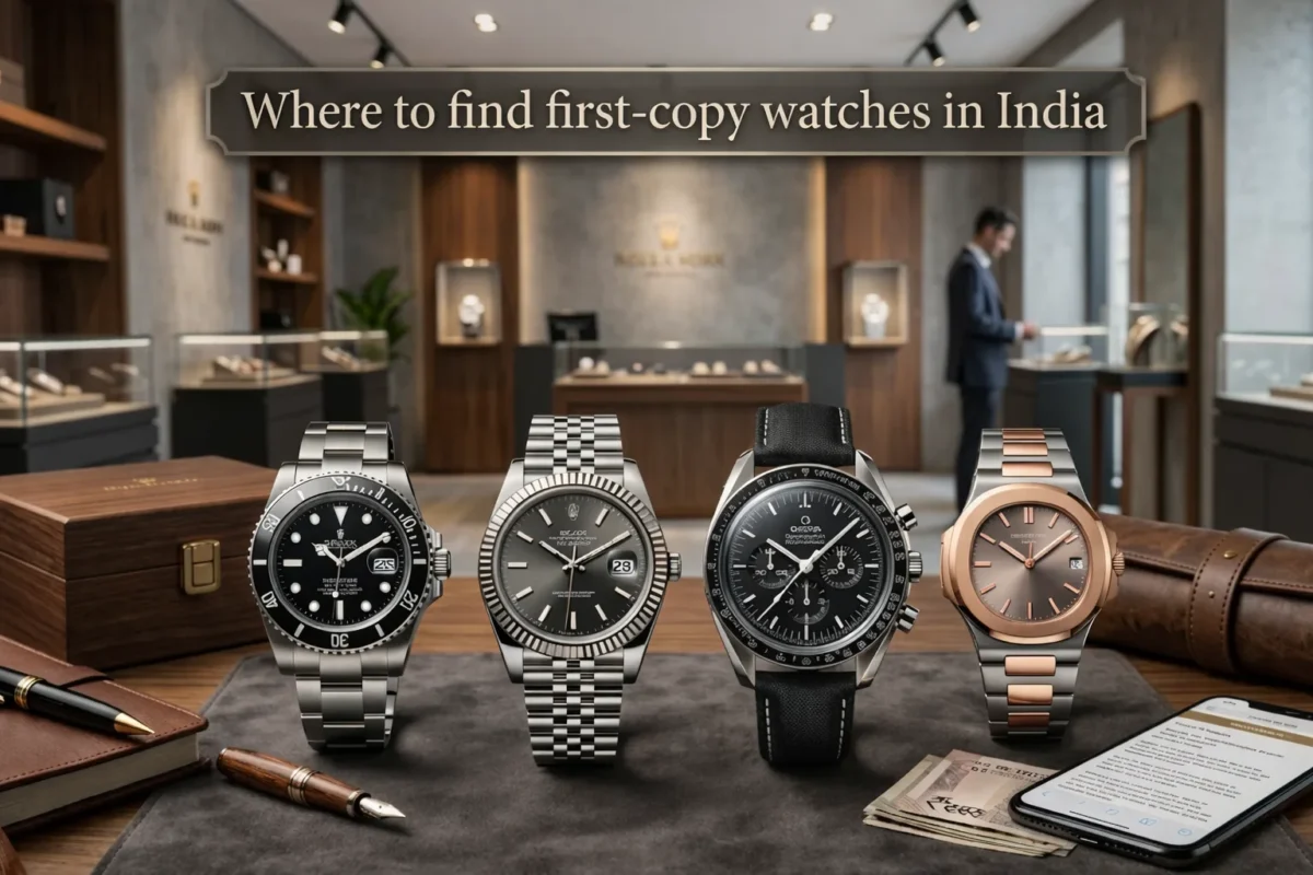 Luxury first copy watches displayed in a premium showroom in India with multiple designer-style wristwatches on a table, representing places to buy first copy watch options