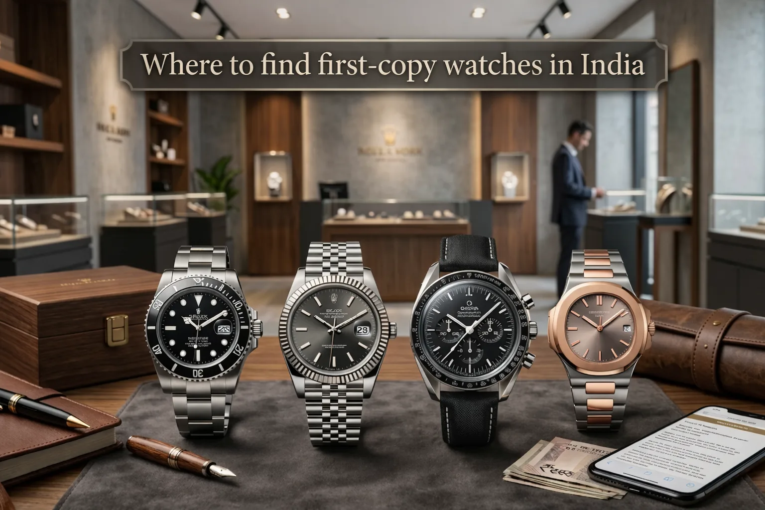 Luxury first copy watches displayed in a premium showroom in India with multiple designer-style wristwatches on a table, representing places to buy first copy watch options