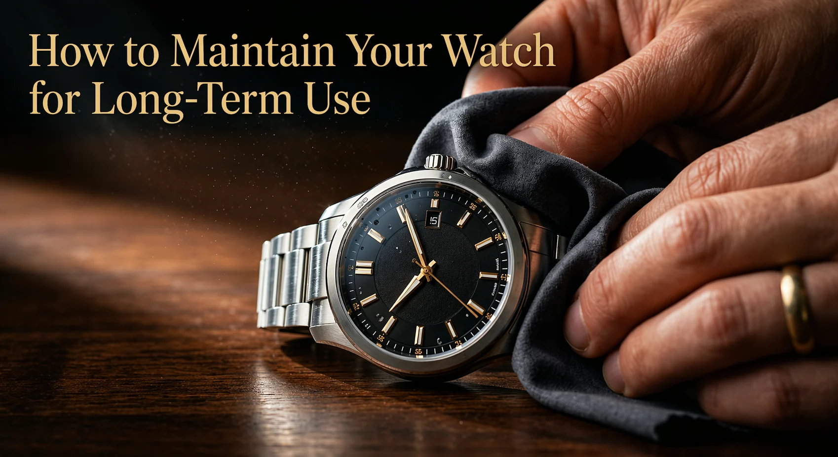 Person cleaning a stainless steel wristwatch with a soft cloth on a wooden surface, illustrating proper watch maintenance and long-term care techniques