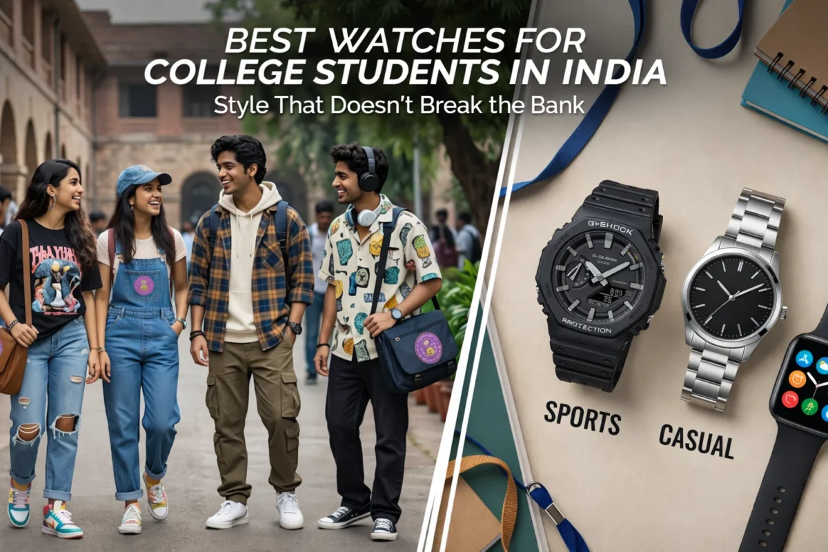 College students in India walking on campus wearing trendy outfits with affordable first copy watches, alongside sports and casual wristwatch styles for budget-friendly college fashion