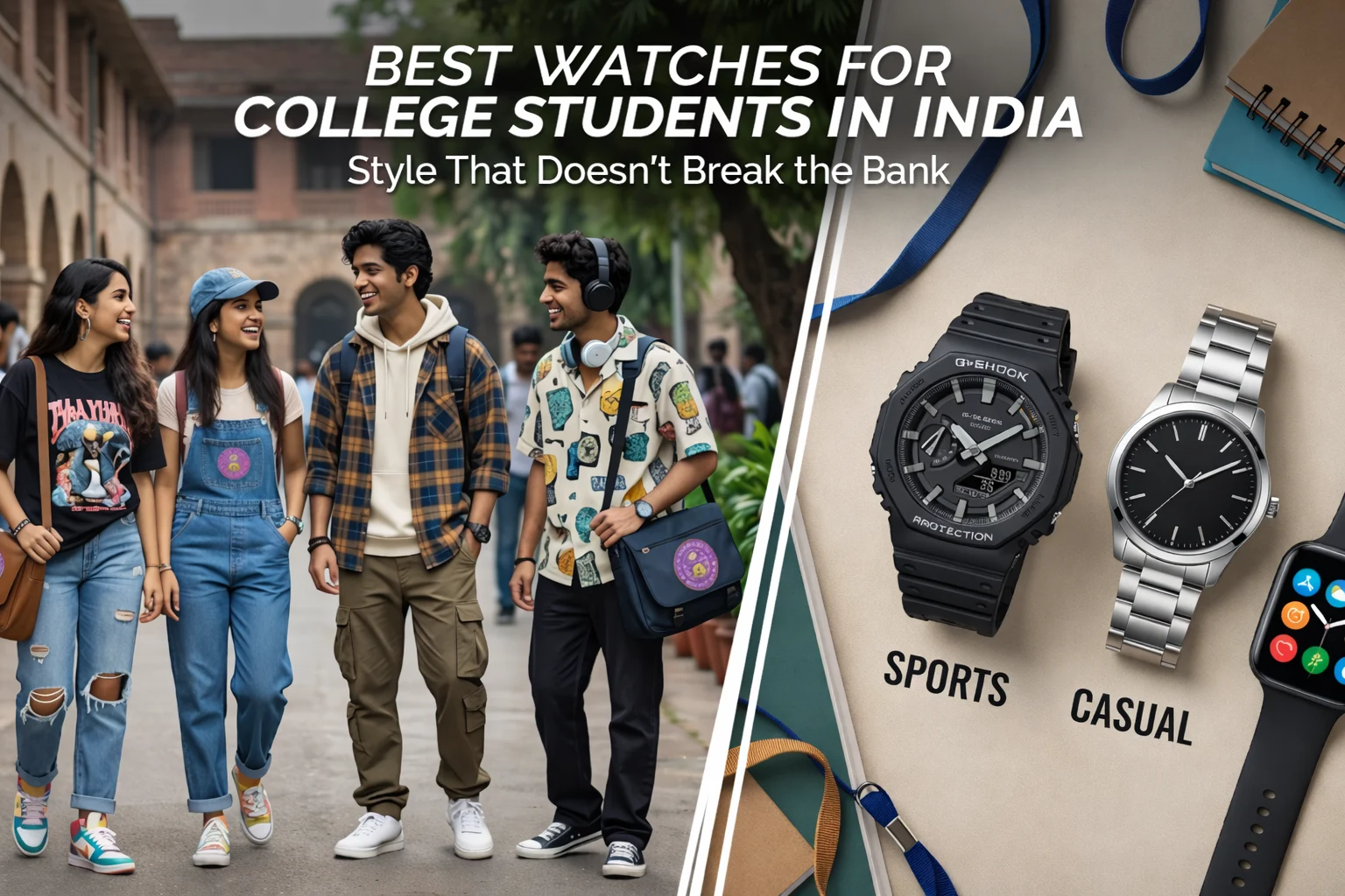 College students in India walking on campus wearing trendy outfits with affordable first copy watches, alongside sports and casual wristwatch styles for budget-friendly college fashion