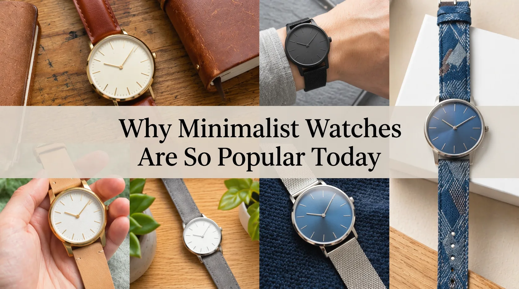 Collage of minimal watches with clean dials and leather, mesh, and fabric straps, showcasing stylish first copy watches and modern minimalist watch designs