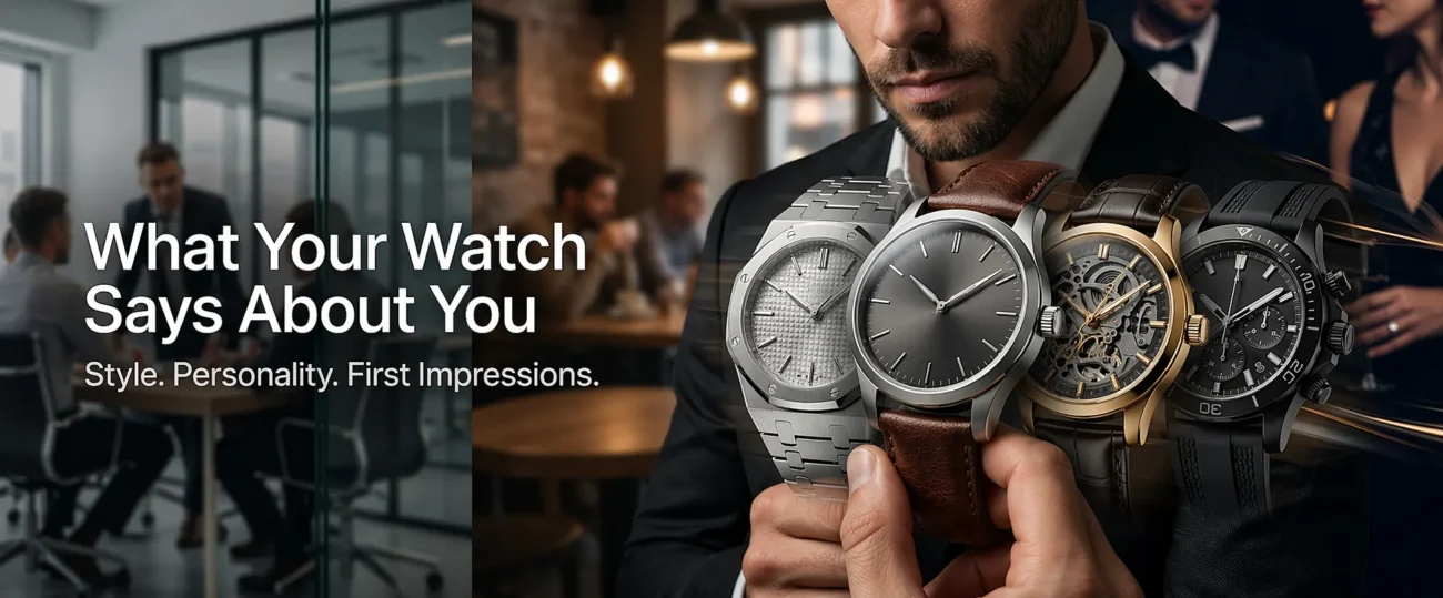 Man in formal suit holding multiple first copy watches showcasing different styles and personalities in a modern business setting
