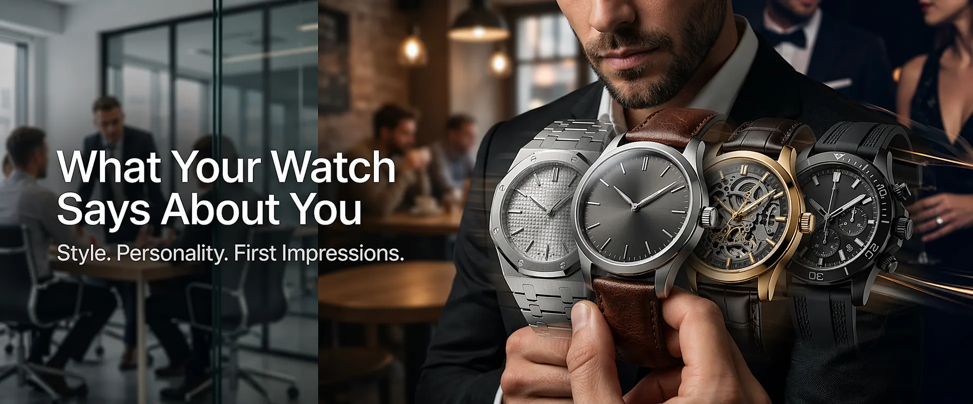 Man in formal suit holding multiple first copy watches showcasing different styles and personalities in a modern business setting