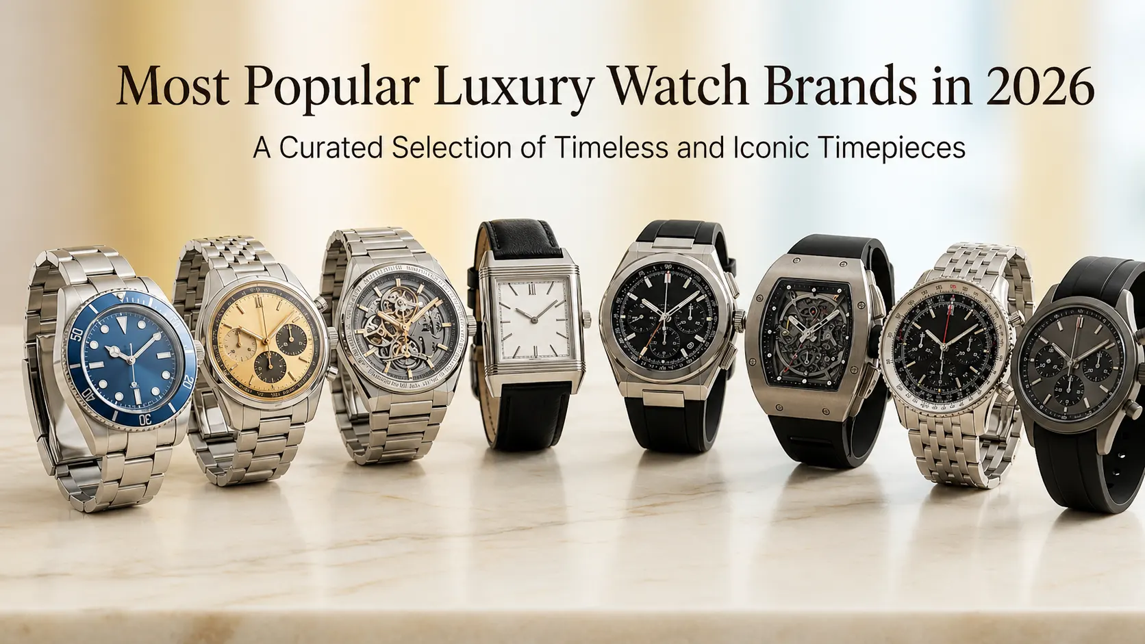Collection of popular luxury watches from top brands in 2026 featuring stainless steel, gold, and leather strap timepieces on display
