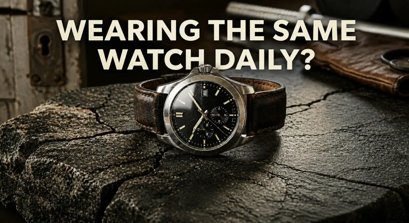 Luxury wristwatch with leather strap placed on a rugged surface, illustrating daily wear impact on watch condition and longevity