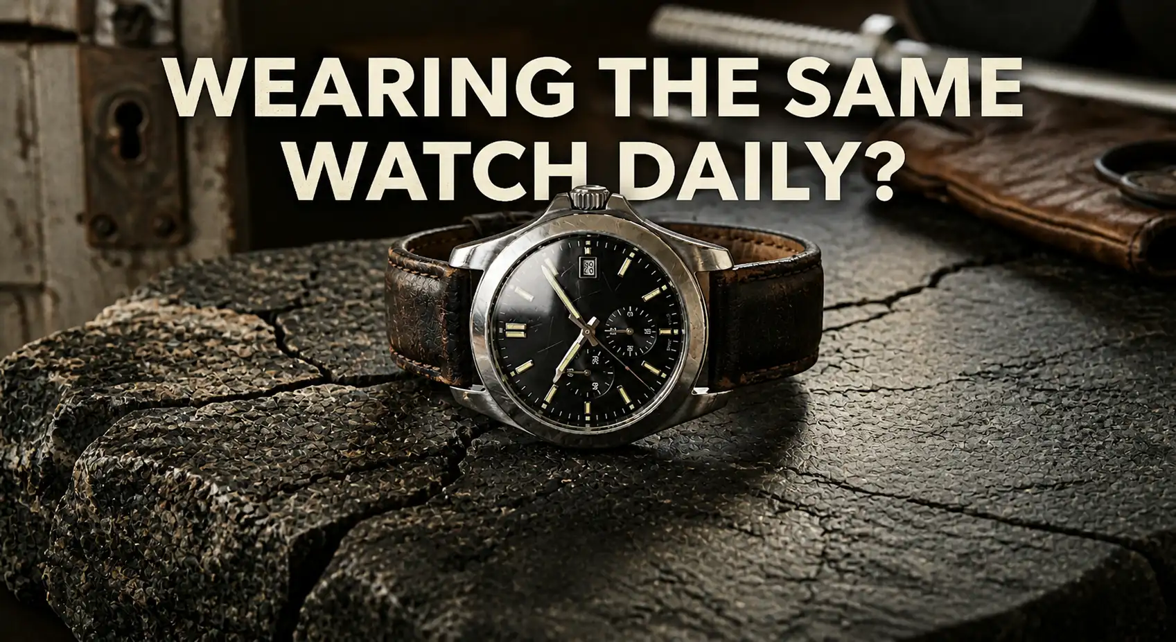 Luxury wristwatch with leather strap placed on a rugged surface, illustrating daily wear impact on watch condition and longevity