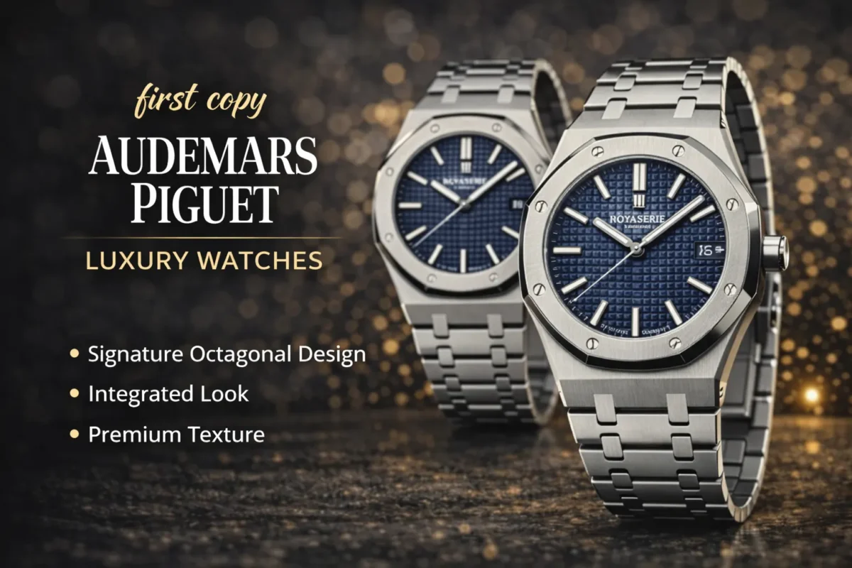 Audemars Piguet first copy watches with octagonal bezel, blue textured dial, and stainless steel bracelets showcasing luxury design at best price