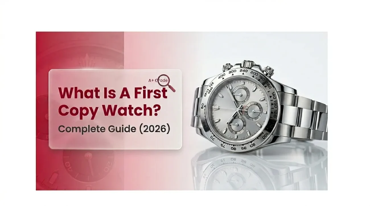 Luxury stainless steel chronograph watch with text “What is a first copy watch complete guide 2026” representing replica watch concept