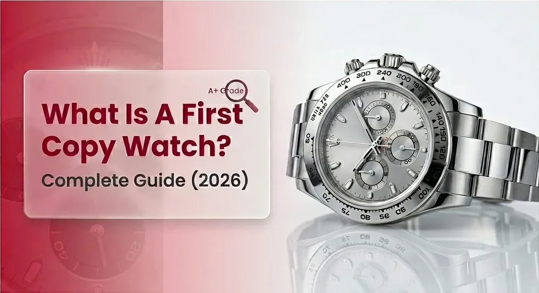 Luxury stainless steel chronograph watch with text “What is a first copy watch complete guide 2026” representing replica watch concept