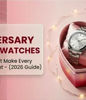 Elegant first copy watch gift set in heart-shaped box featuring matching couple watches, ideal anniversary gift idea for stylish and affordable gifting