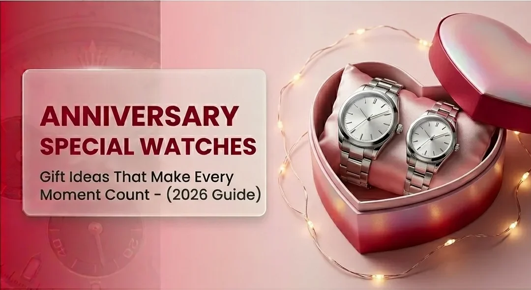 Elegant first copy watch gift set in heart-shaped box featuring matching couple watches, ideal anniversary gift idea for stylish and affordable gifting