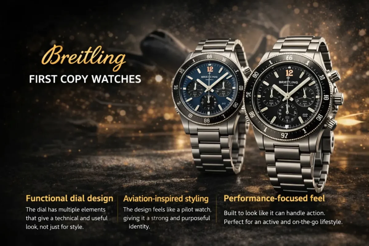 Breitling first copy watches with stainless steel chronograph design, bold pilot-style dial, aviation-inspired look, and performance-focused luxury feel