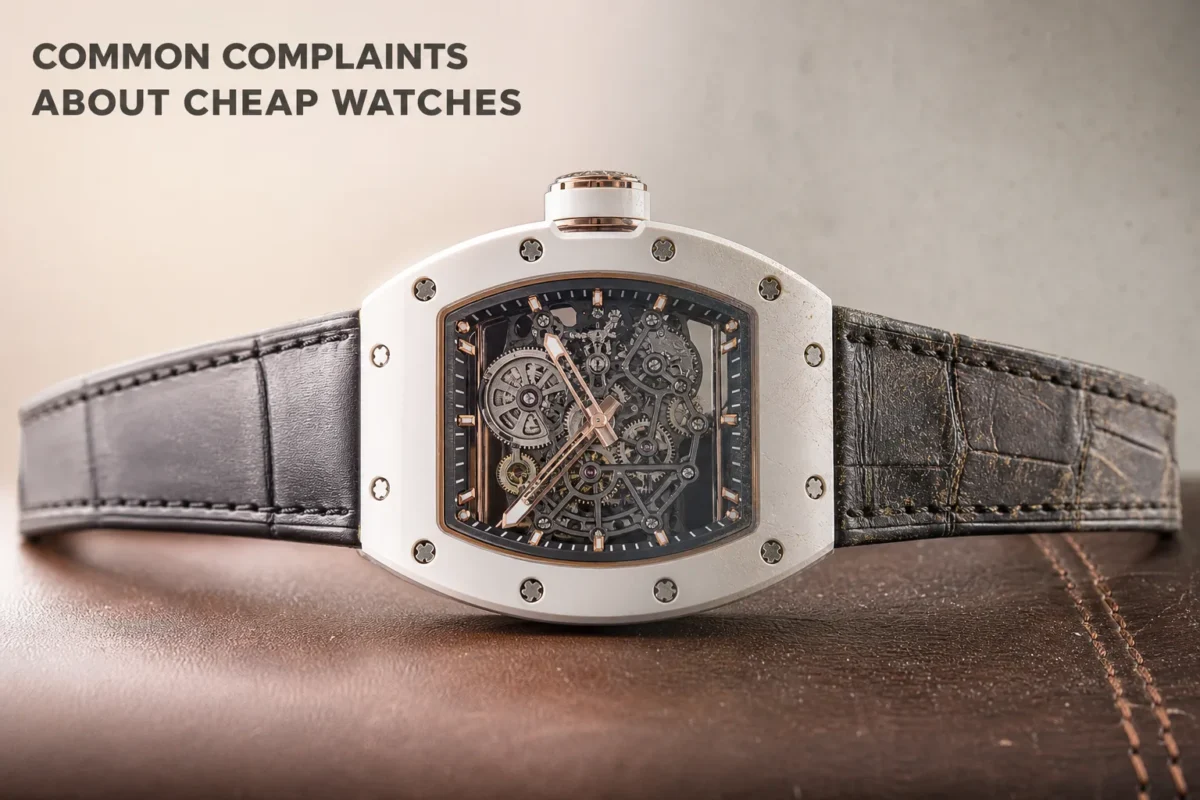 Close-up of inexpensive skeleton watch with visible gears and worn leather strap highlighting quality issues in cheap watches