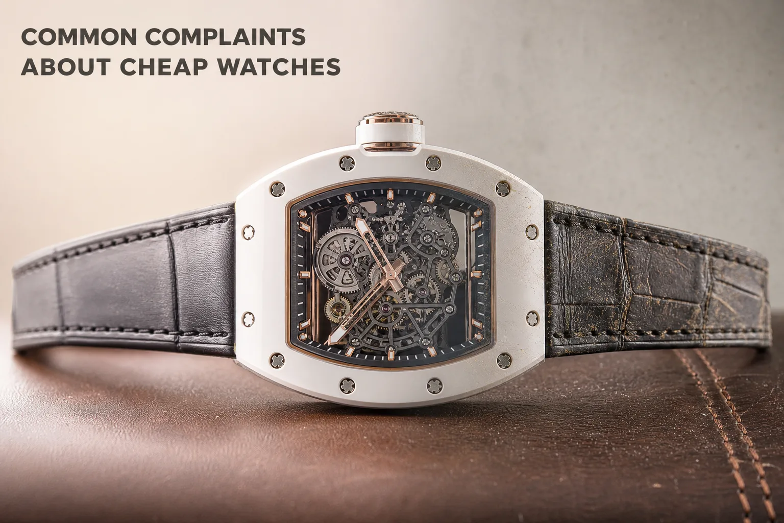 Close-up of inexpensive skeleton watch with visible gears and worn leather strap highlighting quality issues in cheap watches
