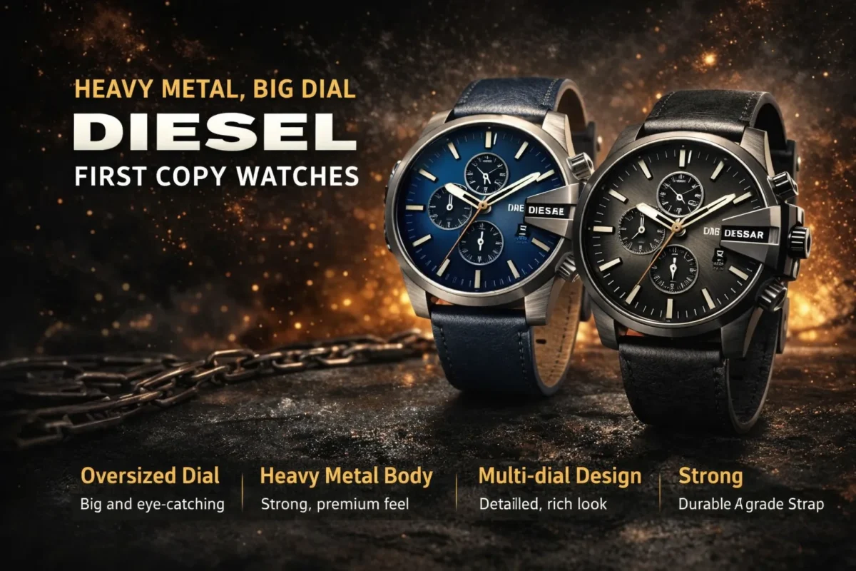 Diesel first copy watches with oversized dial, heavy metal body and multi-dial design, featuring bold premium look and durable leather straps
