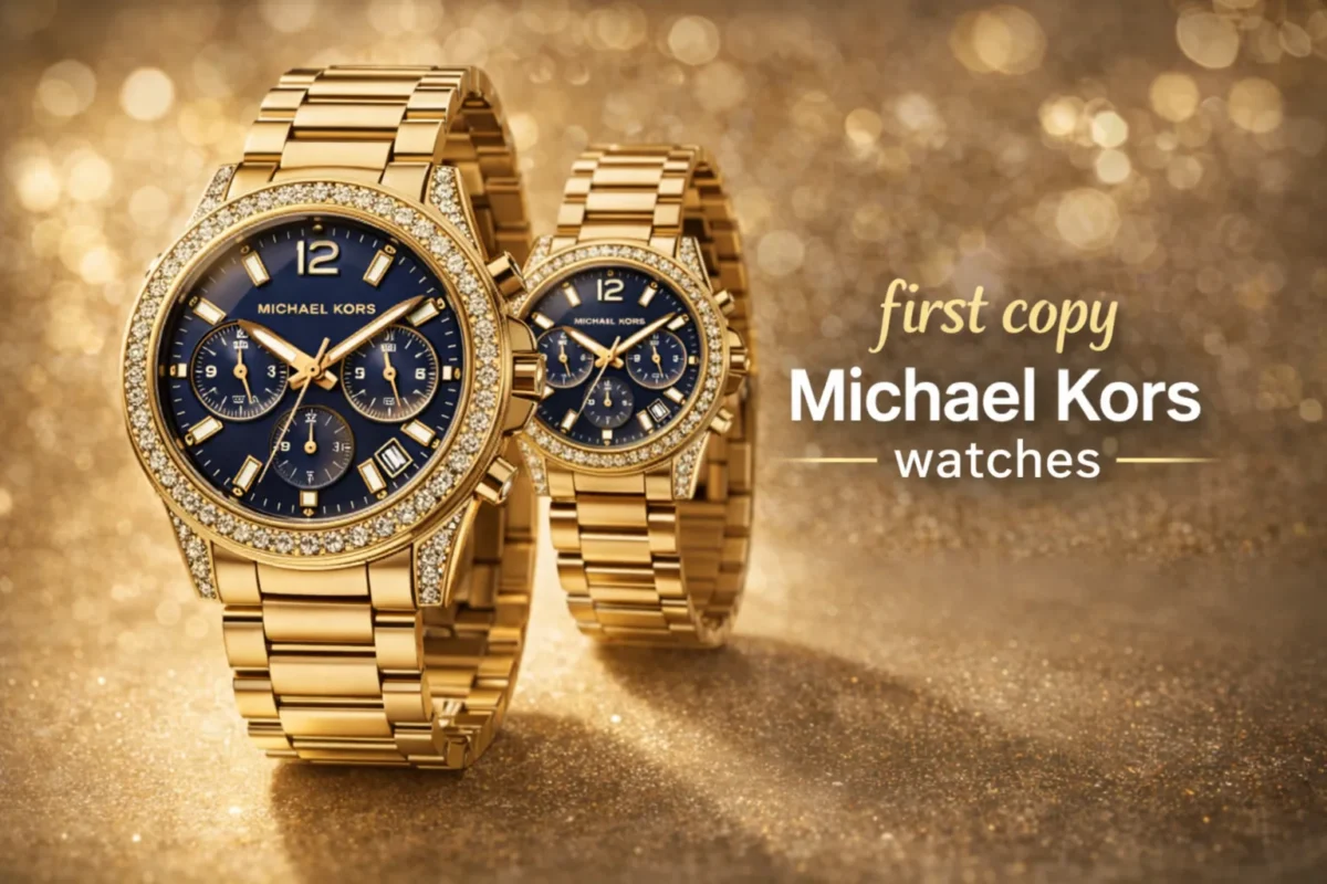 Gold Michael Kors first copy watches with blue chronograph dial and crystal bezel, showcasing bold luxury fashion style for women