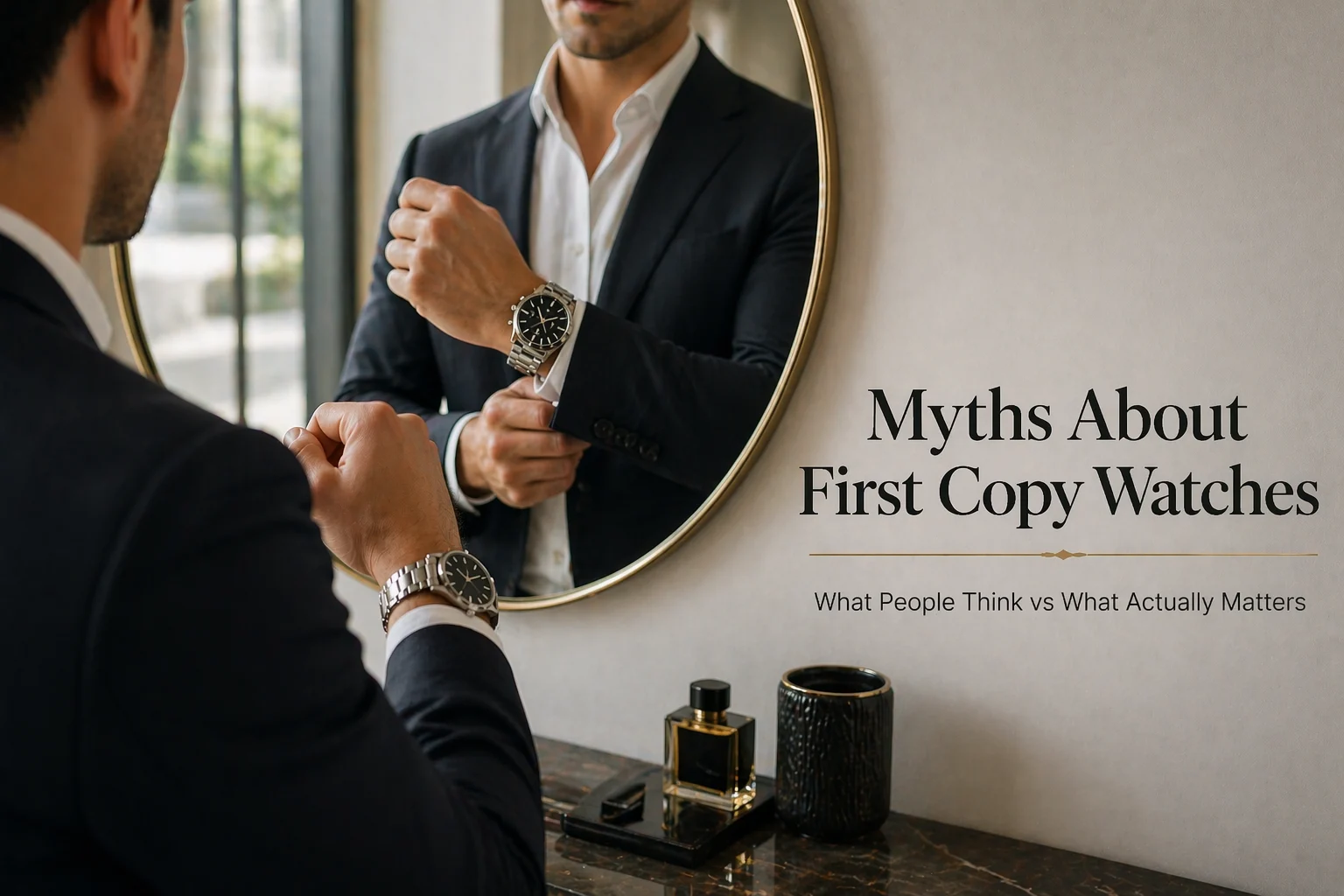 Man adjusting luxury-style wristwatch in mirror, representing myths and quality perception of first copy watches in buying decisions