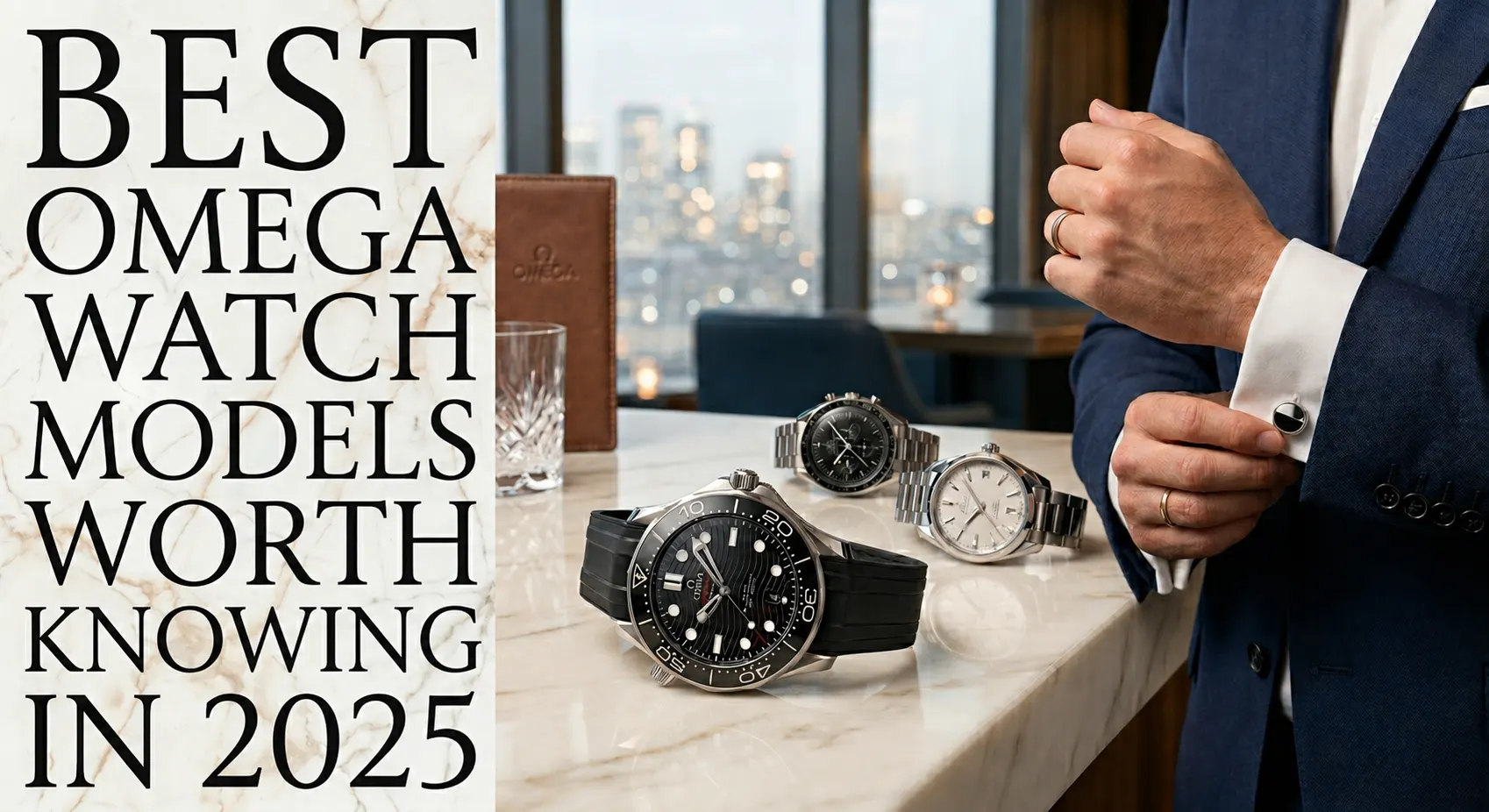 Luxury omega first copy watches displayed on marble table with man adjusting cufflinks, showcasing stylish affordable Omega-inspired watch models for 2025