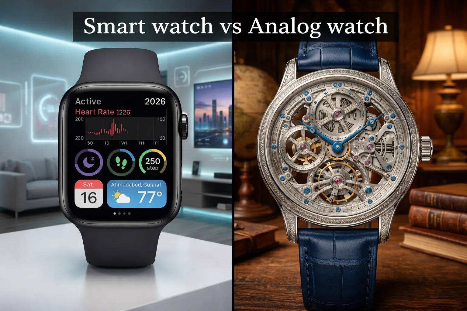 Side-by-side comparison of smartwatches and mechanical watches showing a digital smartwatch with fitness tracking features and a detailed mechanical watch with visible gears, highlighting modern technology vs traditional craftsmanship