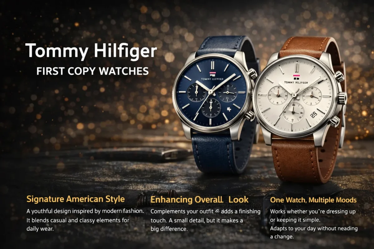 Tommy Hilfiger first copy watches with blue and brown leather straps, modern premium design for casual and formal lifestyle wear