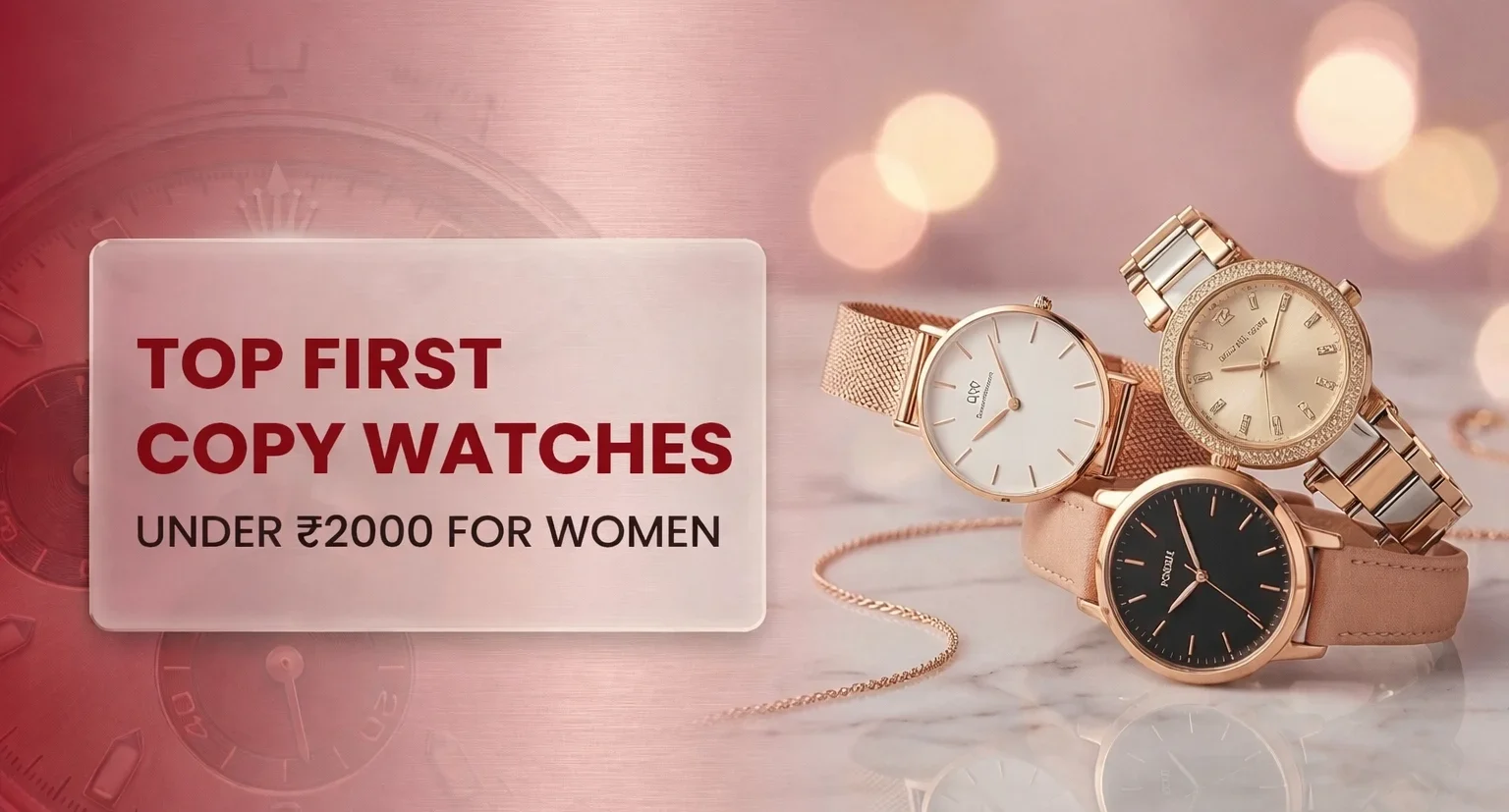 Stylish ladies first copy watches under ₹2000 featuring rose gold and minimalist designs displayed on marble background for affordable fashion accessories showcase
