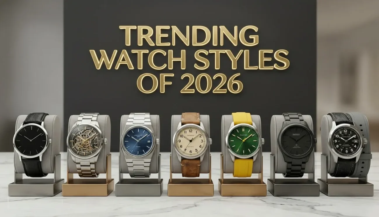 Collection of trending watch styles for 2026 featuring modern and classic wristwatches with leather and metal straps displayed in a stylish lineup