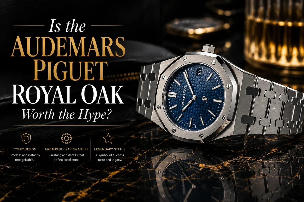 Audemars Piguet Royal Oak luxury stainless steel watch with blue dial displayed on a premium black marble surface, highlighting its iconic octagonal bezel, craftsmanship, and legendary status in luxury watch collecting.