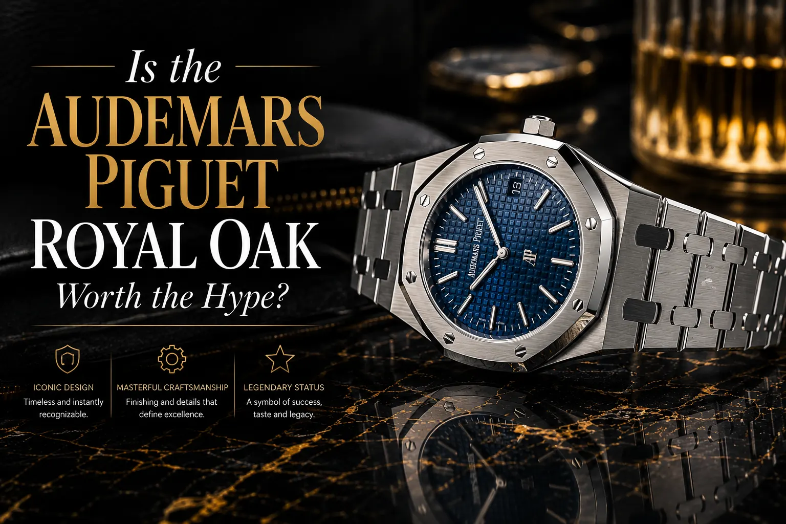 Audemars Piguet Royal Oak luxury stainless steel watch with blue dial displayed on a premium black marble surface, highlighting its iconic octagonal bezel, craftsmanship, and legendary status in luxury watch collecting.