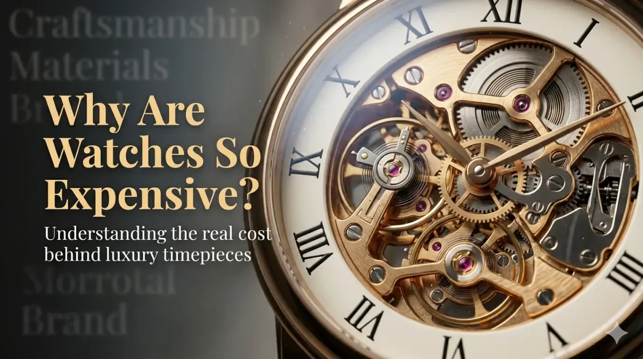 Close-up of intricate luxury mechanical watch movement with visible gears and Roman numeral dial, illustrating craftsmanship and cost behind expensive watches