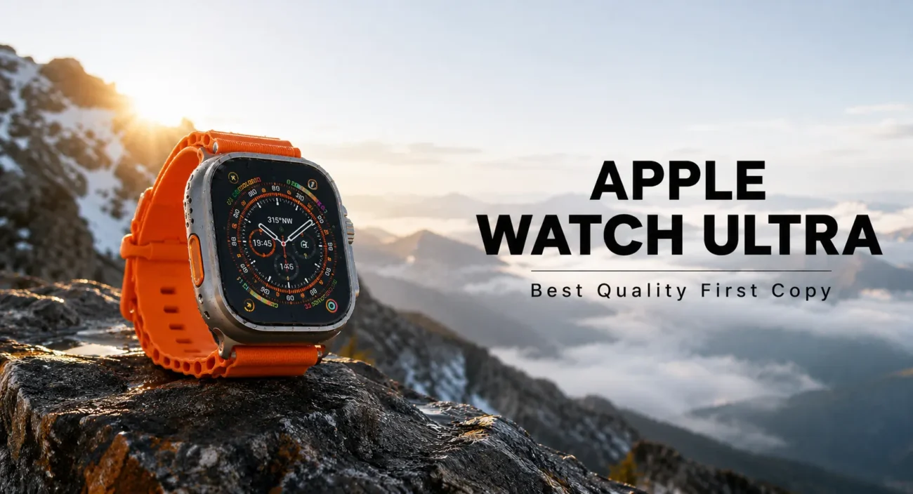 Apple Watch Ultra first copy smartwatch with orange strap displayed on a mountain rock at sunrise, featuring a rugged design, large digital display, and premium outdoor adventure styling.