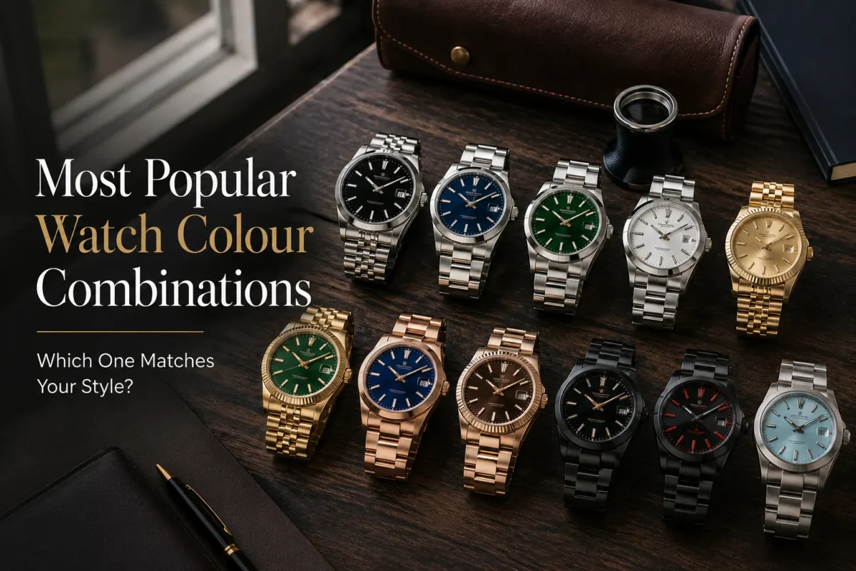 Collection of luxury wristwatches featuring popular watch colour combinations, including black, blue, green, white, gold, rose gold, silver, and two-tone designs displayed on a wooden table.