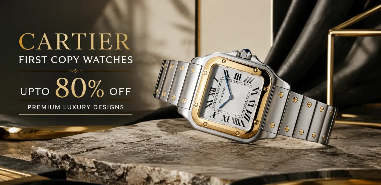 Cartier first copy luxury watch with gold and silver stainless steel strap, premium designer wristwatch displayed on marble surface with up to 80% off offer banner.