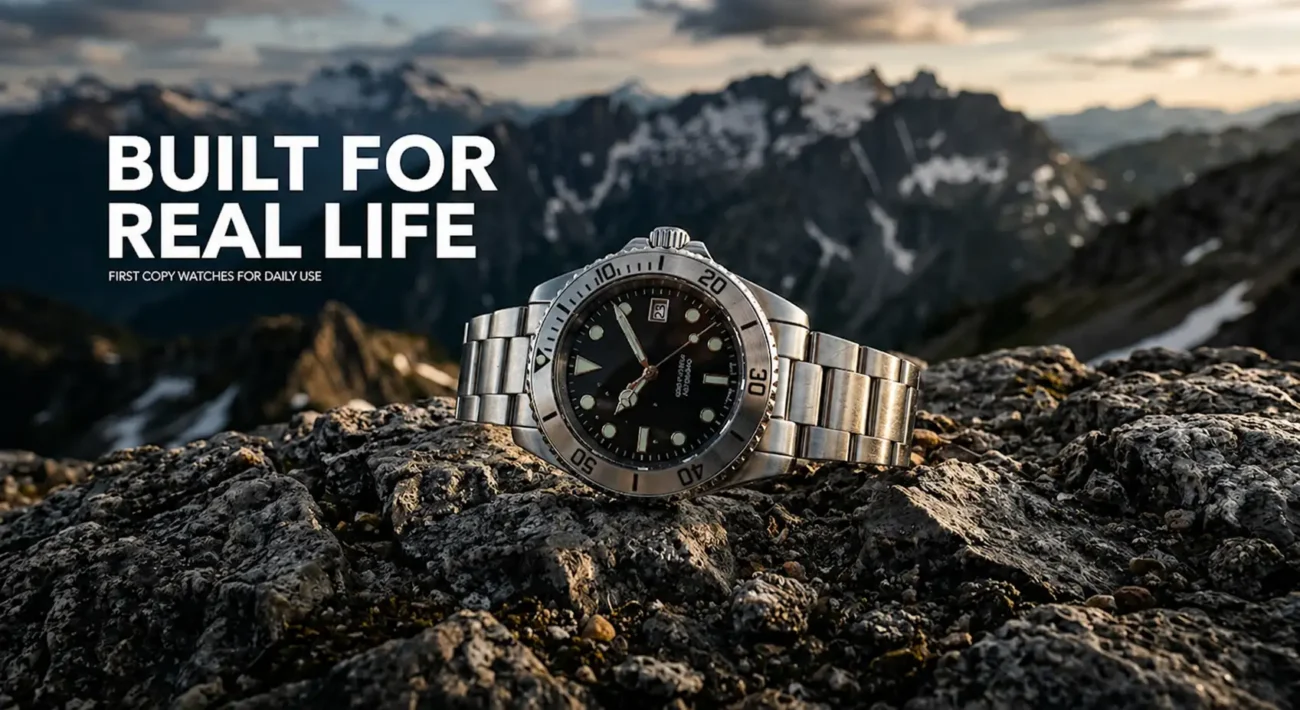 First copy stainless steel luxury watch placed on rugged mountain rocks, highlighting durability and reliability for everyday use in real-life conditions