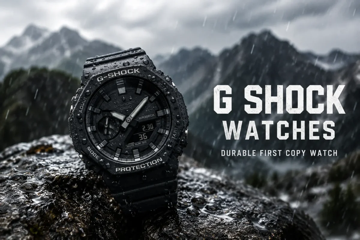 Black G Shock first copy watch displayed on a wet rock in the rain with mountain scenery in the background, showcasing durability, rugged design, and sports watch styling.
