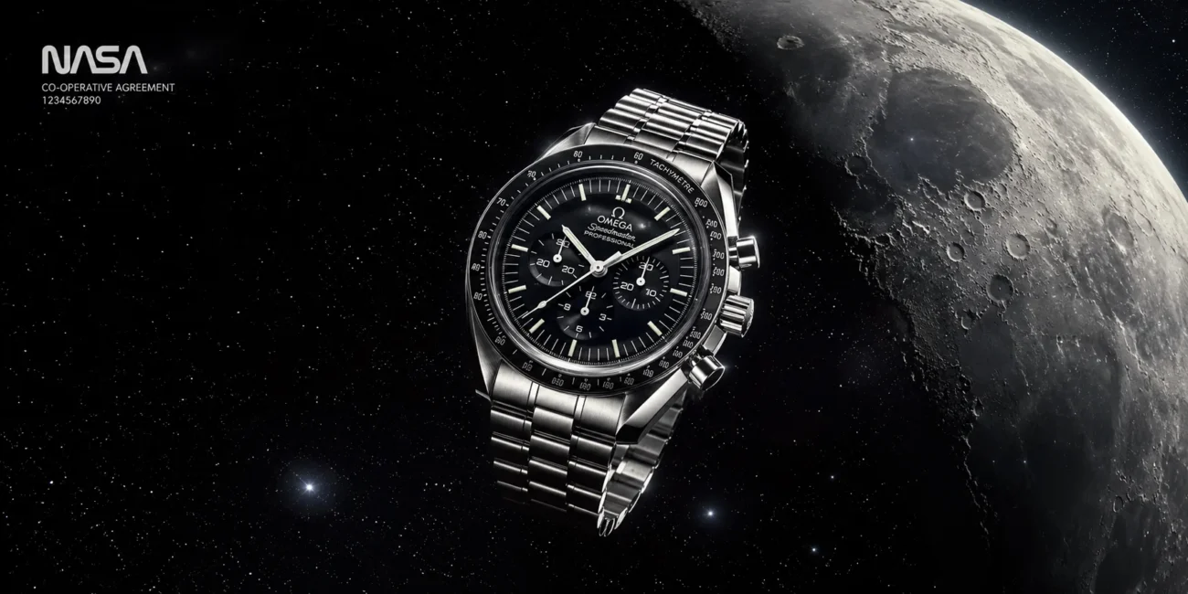 Omega Speedmaster Professional luxury chronograph watch floating in space near the moon, showcasing the iconic NASA-approved Moonwatch design with stainless steel bracelet and black dial.